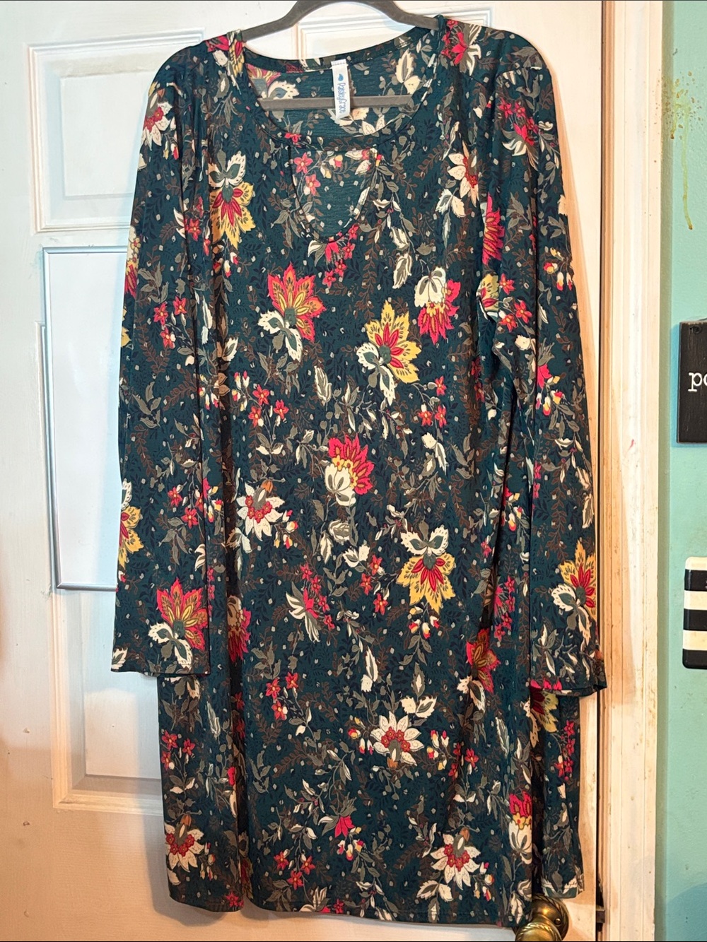 Dark Teal Floral Long-Sleeve Dress